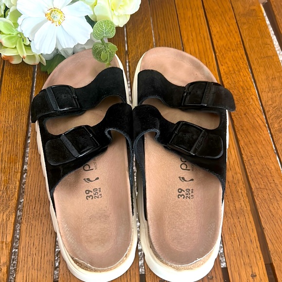 BIRKENSTOCK🌻Papillio ARIZONA Slide Footbed Black/White SANDAL 39 EUR/8-8.5 US - Picture 3 of 9